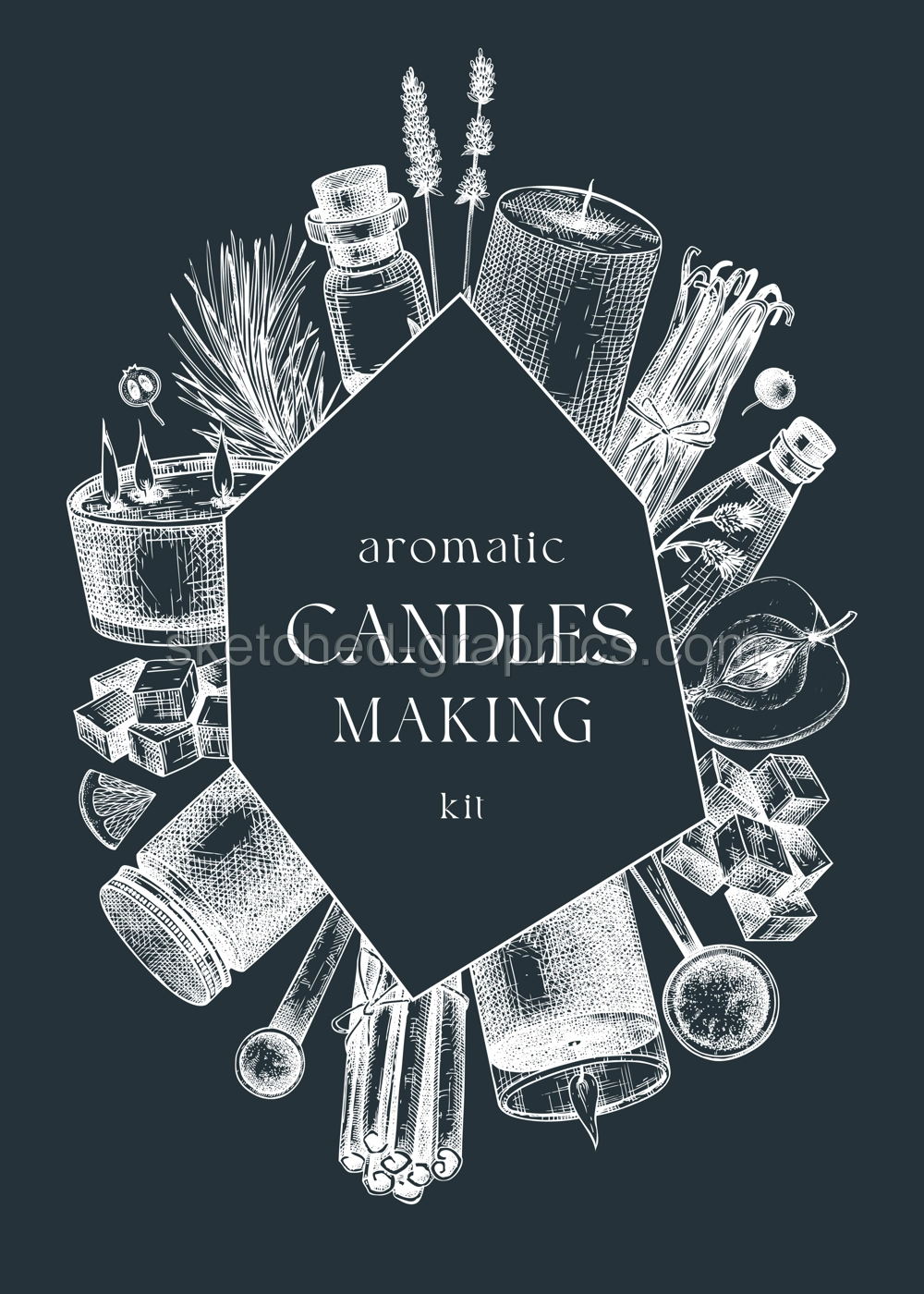 Scented candles card or flyer design. Hand-sketched aromatic materials and natural ingredients for candle making, cosmetics, perfumery. Great template for branding, packaging, identity, web banners.  Illustration